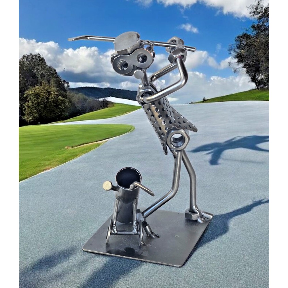 Delightful Vintage 7" x 4" Nut & Bolts Metal Golfer Swinging Club Art Sculpture